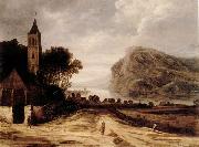 Philippe de Momper An extensiver river landscape with a church,cattle grazing and a traveller on a track